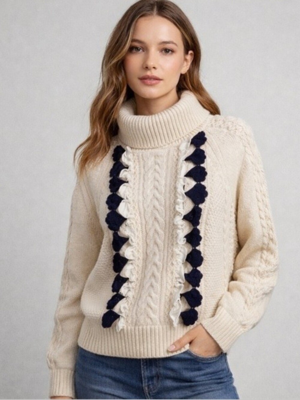 J.CREW Embellished Cable Knit Ruffle Turtleneck Sweater